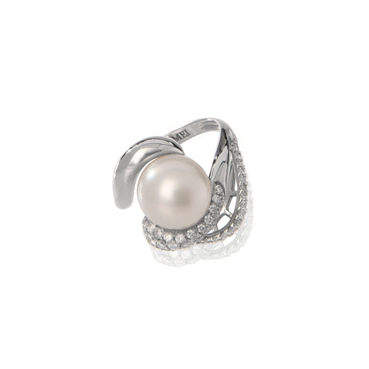 Anello firmato Nimei perla e diamanti, anello in oro bianco con perla Australia, gioielli di lusso artigianali, alta gioielleria con perle, anello esclusivo con diamanti G color, Nimei gioielli di lusso.
