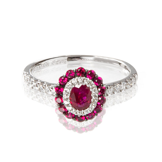 Anello rubini naturali e diamanti, anello in oro bianco 18 kt, gioielli di lusso artigianali, anello esclusivo con rubini e diamanti, alta gioielleria italiana, Collezione Conte Creative gioielli unici.