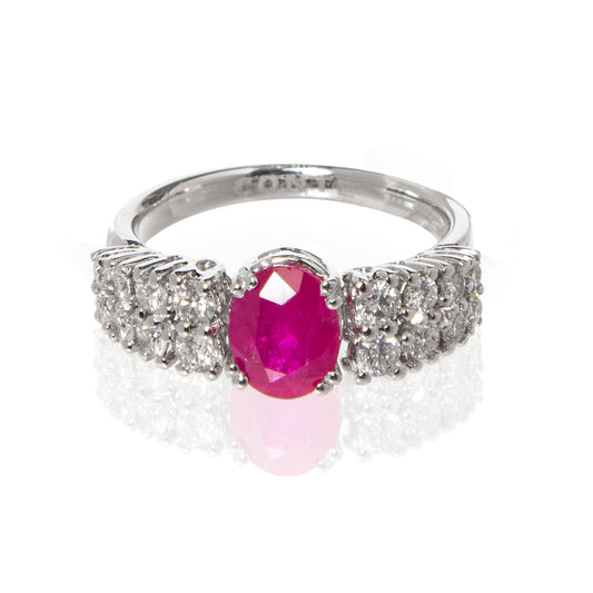 Anello rubino e diamanti, anello in oro bianco con rubino naturale, alta gioielleria italiana, gioielli di lusso artigianali, anello esclusivo con pietre preziose, rubino e diamanti F color VS.