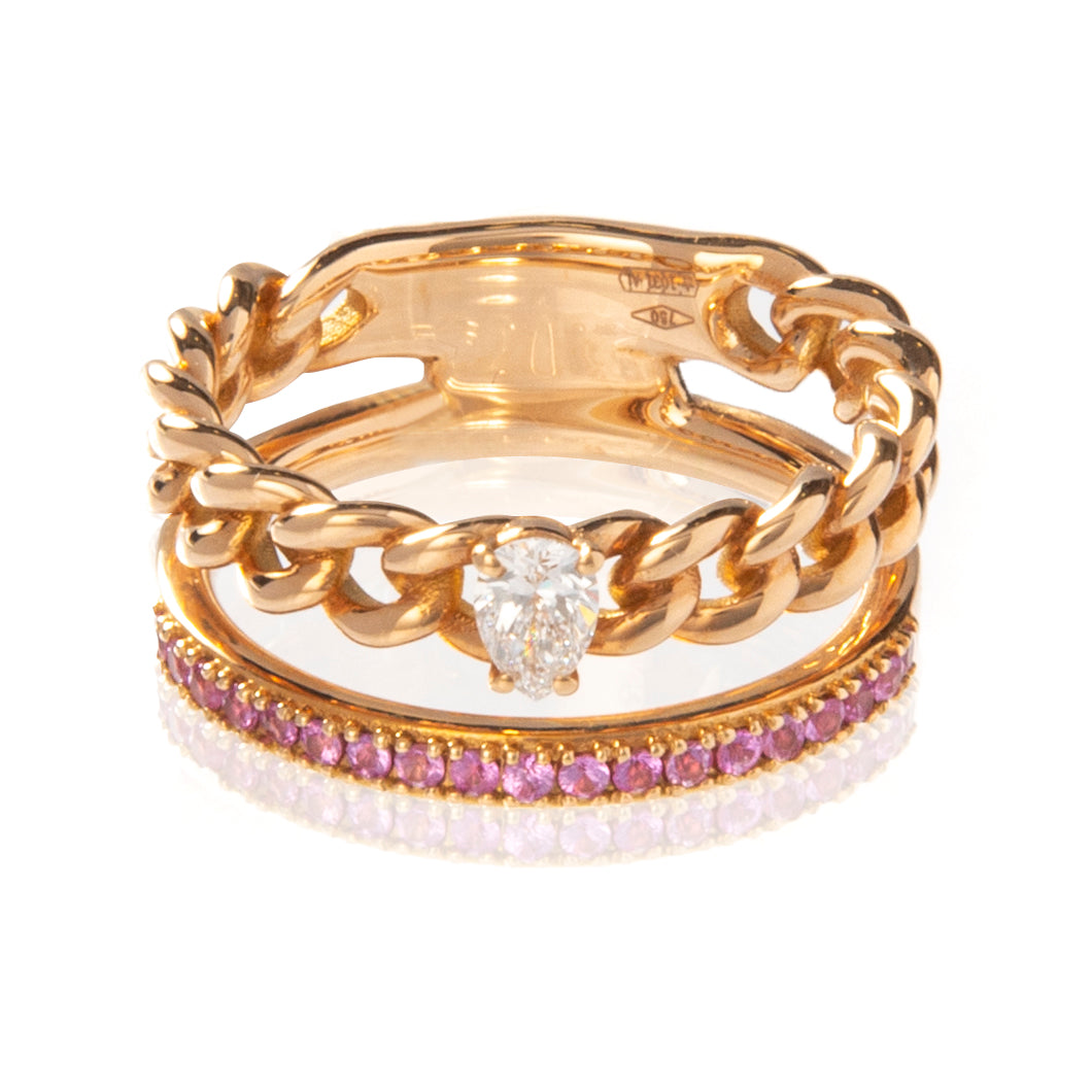 Anello veretta con zaffiri rosa e diamante, anello in oro rosa 18 kt, anello groumette con diamante taglio goccia, alta gioielleria italiana, gioielli di lusso artigianali, Collezione Conte Creative gioielli esclusivi.