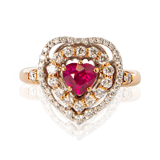 Anello rubino Birmania e diamanti, anello firmato Giuseppe Conte, alta gioielleria italiana, anello in oro bianco e rosa 18 kt, gioielli di lusso artigianali, rubino naturale Birmania gioielli esclusivi.