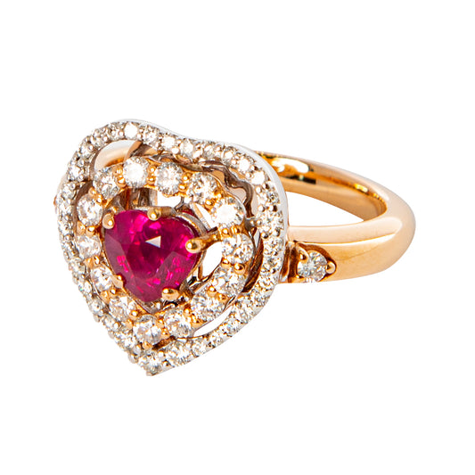 Anello rubino Birmania e diamanti, anello firmato Giuseppe Conte, alta gioielleria italiana, anello in oro bianco e rosa 18 kt, gioielli di lusso artigianali, rubino naturale Birmania gioielli esclusivi.