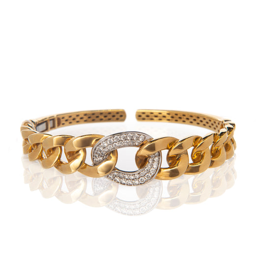 Bracciale rigido maglia groumette oro bianco e giallo con diamanti, gioielli di lusso artigianali, bracciale groumette a scalare con diamanti F color VS, alta gioielleria italiana, Collezione Conte Creative gioielli esclusivi, bracciale in oro 18 kt con design moderno.