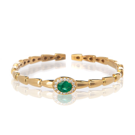 Bracciale rigido oro giallo con smeraldo e diamanti, bracciale a chicchi alta gioielleria, gioielli di lusso artigianali, Collezione Conte Creative gioielli esclusivi, bracciale in oro 18 kt con smeraldo naturale, bracciale con diamanti F color VS.