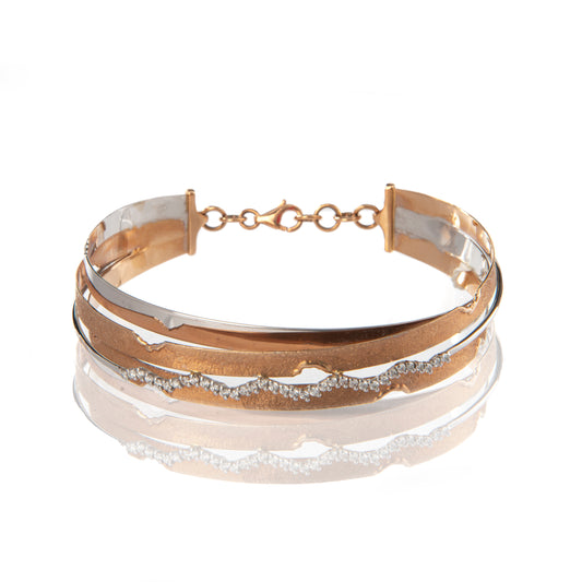 Bracciale rigido oro bianco e oro rosa con diamanti, gioielli di lusso artigianali, bracciale bicolore con diamanti F color VS, alta gioielleria italiana, Collezione Conte Creative gioielli esclusivi, bracciale elegante oro 18 kt.