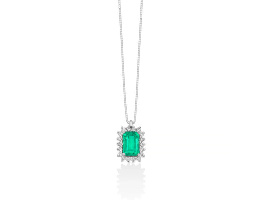 Miluna | Collana con Smeraldo Ottagonale e Diamanti in Oro Bianco