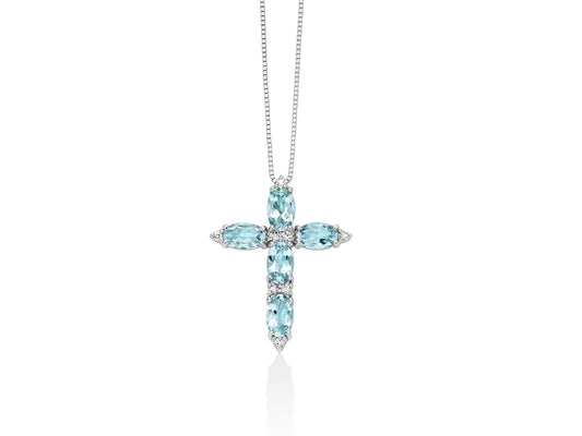 Miluna | Collana con Pendente a Croce di Acquemarine e Diamanti in Oro Bianco