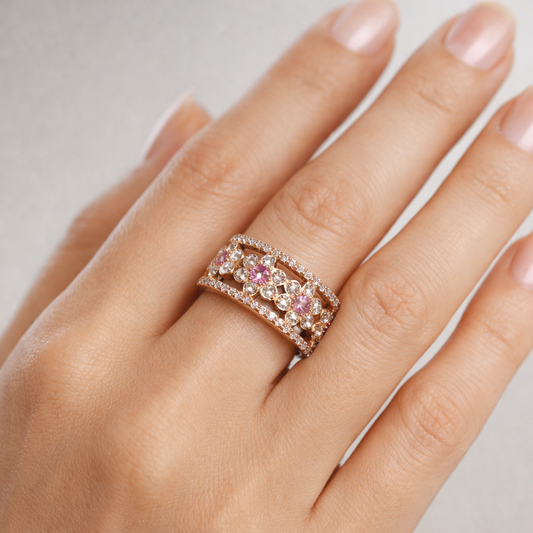 Anello in oro rosa 18 kt con diamanti e zaffiri rosa naturali