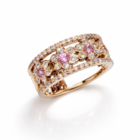 Anello in oro rosa 18 kt con diamanti e zaffiri rosa naturali