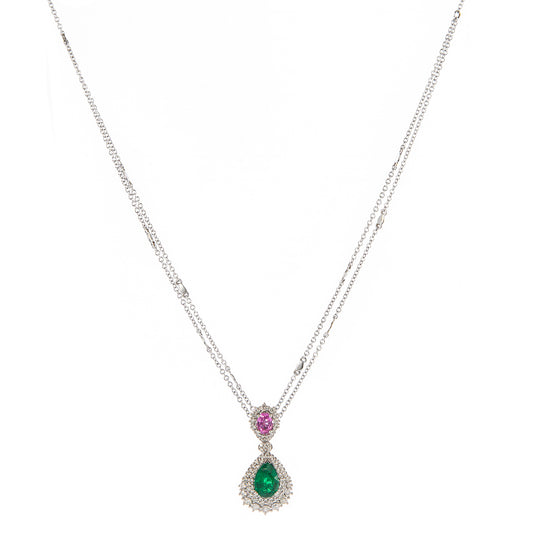 Collana smeraldo e zaffiro rosa con diamanti, gioielli di lusso artigianali, collana in oro bianco 18 kt pezzo unico, alta gioielleria italiana, Collezione Giuseppe Conte gioielli esclusivi, collana rara con pietre preziose e diamanti.