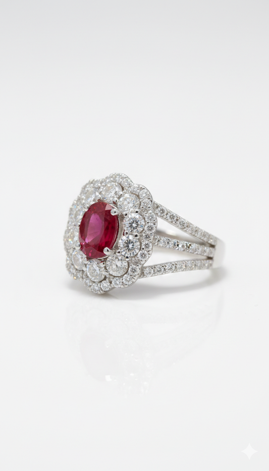 Anello con rubino Birmania e diamanti