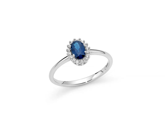 Miluna | Anello con Zaffiro Blu Ovale e Diamanti in Oro Bianco