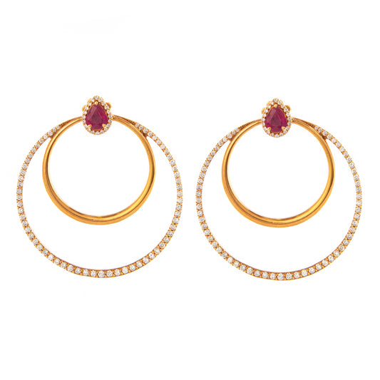 Orecchini doppio cerchio oro rosa con rubini e diamanti, orecchini in oro rosa 18 kt, gioielli di lusso artigianali, orecchini eleganti con rubini naturali e diamanti, alta gioielleria italiana, Collezione Conte Creative gioielli esclusivi.