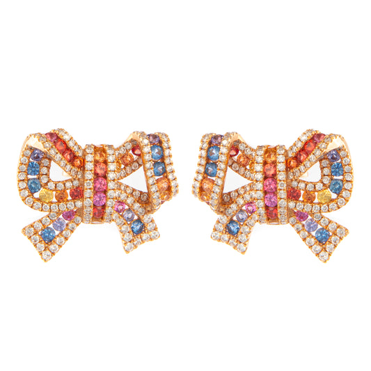 Orecchini fiocco con zaffiri rainbow e diamanti, orecchini in oro rosa 18 kt, gioielli di lusso artigianali, orecchini eleganti con zaffiri multicolor e diamanti, alta gioielleria italiana, Collezione Conte Creative gioielli esclusivi.