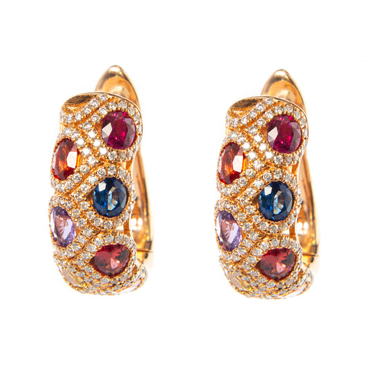 Orecchini rainbow oro rosa con zaffiri multicolor e diamanti, gioielli di lusso artigianali, orecchini in oro rosa 18 kt con pietre preziose, alta gioielleria italiana, Collezione Conte Creative gioielli esclusivi, orecchini eleganti con zaffiri rainbow e diamanti G color VS.
