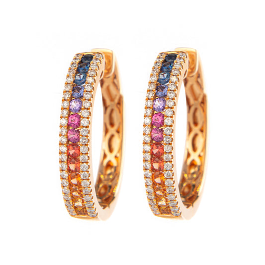 Orecchini a cerchio rainbow in oro rosa con zaffiri e diamanti, orecchini misura media di lusso, gioielli in oro rosa 18 kt, alta gioielleria italiana, Collezione Conte Creative gioielli esclusivi, orecchini con zaffiri multicolor e diamanti G color VS.