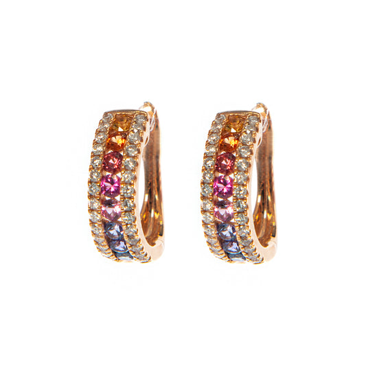 Orecchini a cerchio piccoli rainbow in oro rosa, gioielli di lusso artigianali, orecchini con zaffiri multicolor e diamanti, alta gioielleria italiana, Collezione Conte Creative gioielli esclusivi, orecchini eleganti in oro rosa 18 kt.