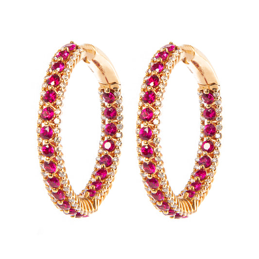 Orecchini a cerchio rubini e diamanti, orecchini in oro rosa 18 kt, gioielli di lusso artigianali, orecchini con rubini birmani naturali, alta gioielleria italiana, Collezione Conte Creative gioielli esclusivi, orecchini eleganti con diamanti G color VS.