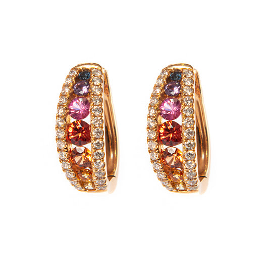 Orecchini con clips in oro rosa e zaffiri rainbow, gioielli di lusso artigianali, orecchini eleganti con zaffiri e diamanti G color VS, alta gioielleria italiana, Collezione Conte Creative gioielli esclusivi, orecchini pratici con chiusura a clips.