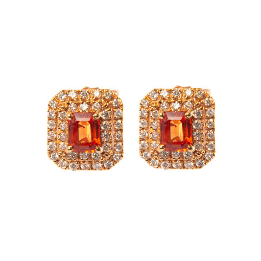 Orecchini oro rosa con zaffiro orange e diamanti, orecchini di lusso artigianali, alta gioielleria italiana, Collezione Conte Creative gioielli esclusivi, orecchini eleganti con zaffiri arancioni e diamanti F color VS.