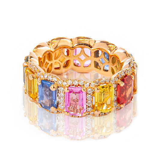 Veretta tutto giro rainbow con zaffiri e diamanti, anello in oro rosa 18 kt, alta gioielleria italiana, gioielli di lusso multicolore, anello esclusivo Collezione Conte Creative, veretta tutto giro misura 12.