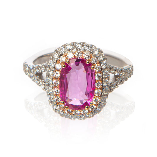 Anello zaffiro rosa e diamanti, anello in oro bianco e rosa 18 kt, gioielli di lusso artigianali, alta gioielleria italiana, anello esclusivo con zaffiro taglio cuscino, Collezione Conte Creative gioielli unici.