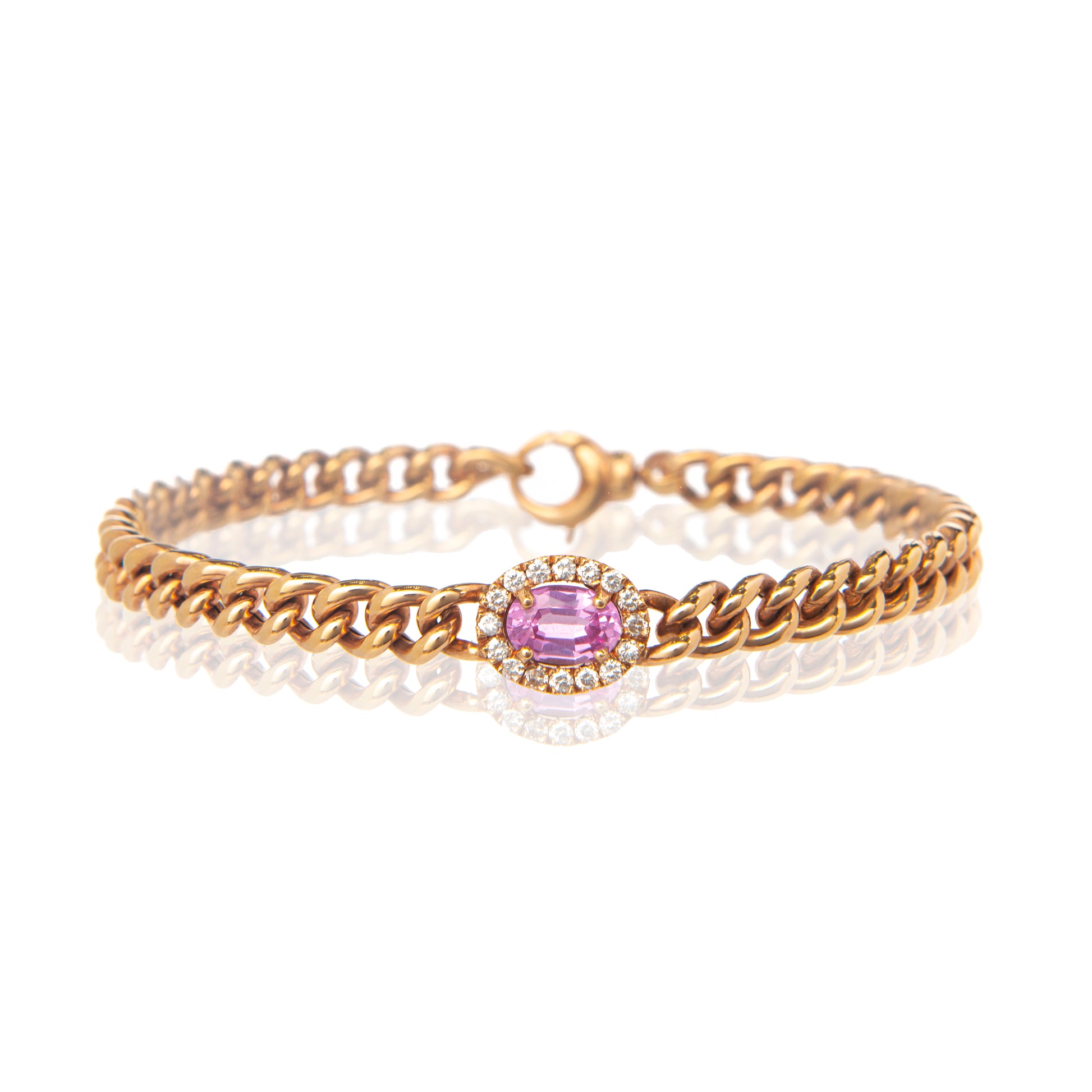 Bracciale groumette oro rosa con zaffiro rosa, gioielli di lusso artigianali, bracciale morbido con diamanti F color VS, alta gioielleria italiana, Collezione Conte Creative gioielli esclusivi, bracciale in oro 18 kt con zaffiro rosa naturale.