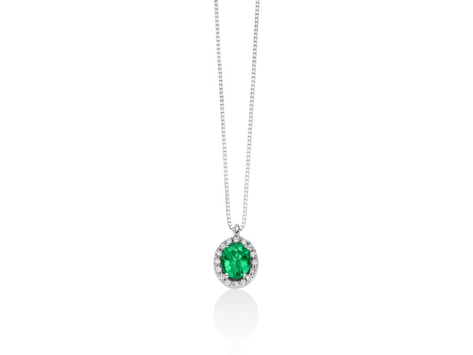 Miluna | Collana con Smeraldo Ovale e Contorno di Diamanti in Oro Bianco
