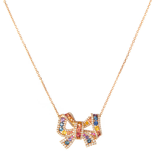 Collana fiocco maxi rainbow zaffiri multicolor e diamanti, collana in oro rosa 18 kt, gioielli di lusso artigianali, alta gioielleria italiana, Collezione Conte Creative gioielli esclusivi, collana con fiocco di zaffiri rainbow e diamanti.