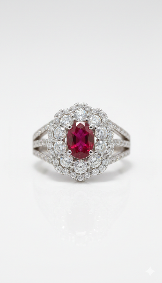 Anello con rubino Birmania e diamanti