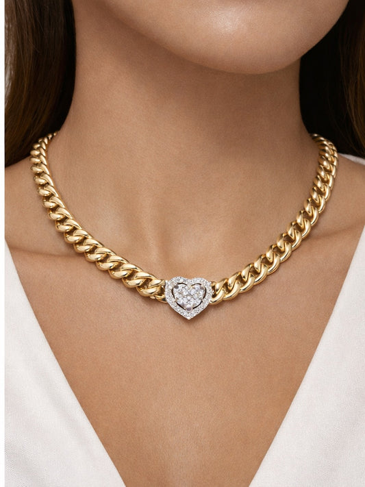 Collana choker a maglia groumette in oro giallo e bianco 18 kt con diamanti