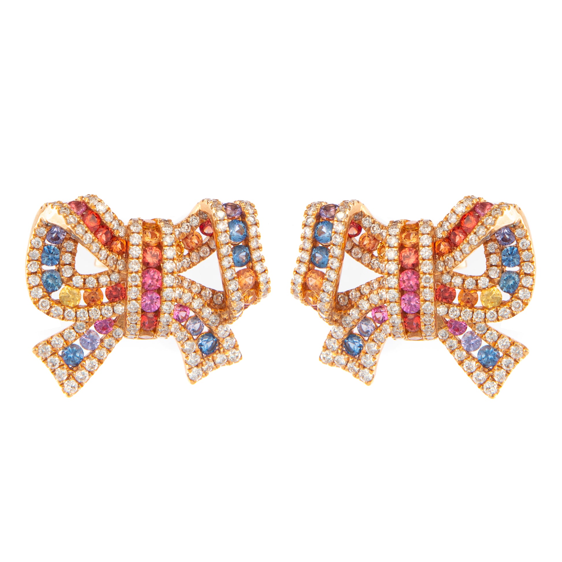 Orecchini fiocco con zaffiri rainbow e diamanti, orecchini in oro rosa 18 kt, gioielli di lusso artigianali, orecchini eleganti con zaffiri multicolor e diamanti, alta gioielleria italiana, Collezione Conte Creative gioielli esclusivi.