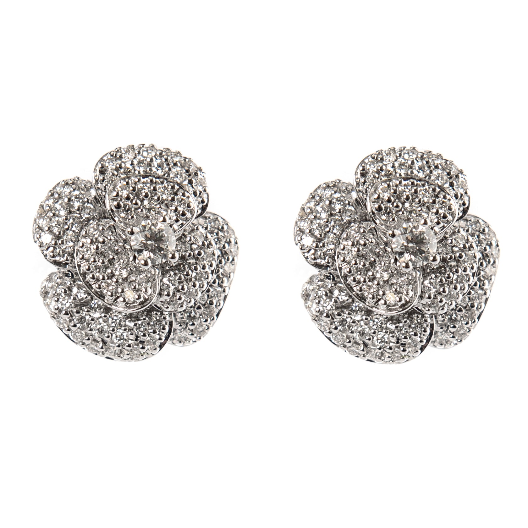 Orecchini a fiore oro bianco con diamanti, gioielli di lusso artigianali, orecchini floreali con diamanti G color VS, alta gioielleria italiana, Collezione Conte Creative gioielli esclusivi, orecchini eleganti in oro 18 kt.