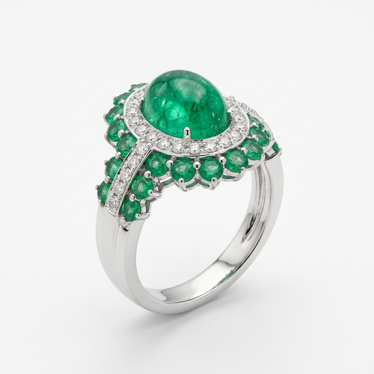 Anello in oro bianco 18 kt con smeraldo cabochon e diamanti