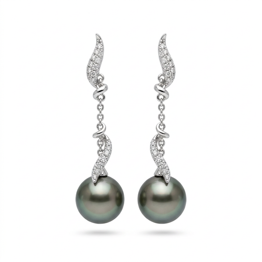 Orecchini pendenti Nimei in oro bianco 18 kt con diamanti e perle di Tahiti