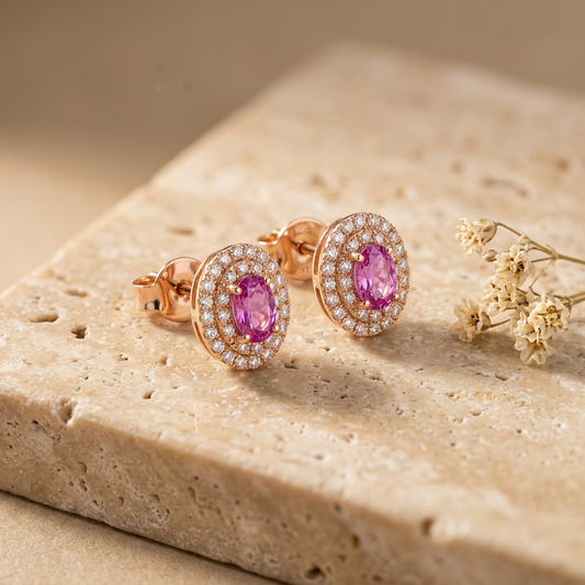 Orecchini in Oro Rosa 18 kt con Zaffiri Rosa e Diamanti