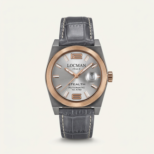 Locman Stealth Automatico – Quadrante argentato e cinturino in pelle grigia