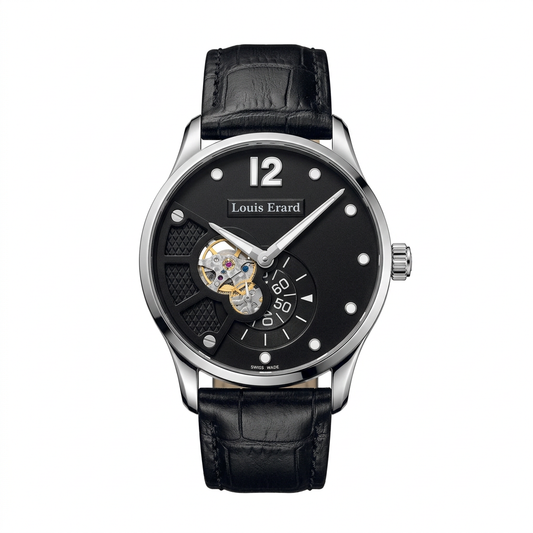 Louis Erard 30208 AA02 | Quadrante nero aperto sul movimento e cinturino nero