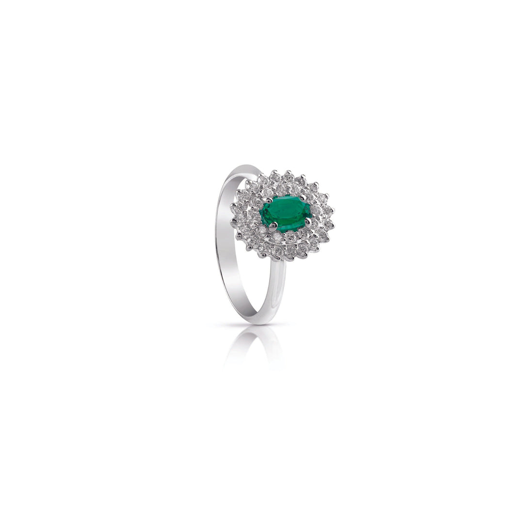 Anello con smeraldo centrale ovale e contorno di diamanti una griffe - Gioielleria Conte