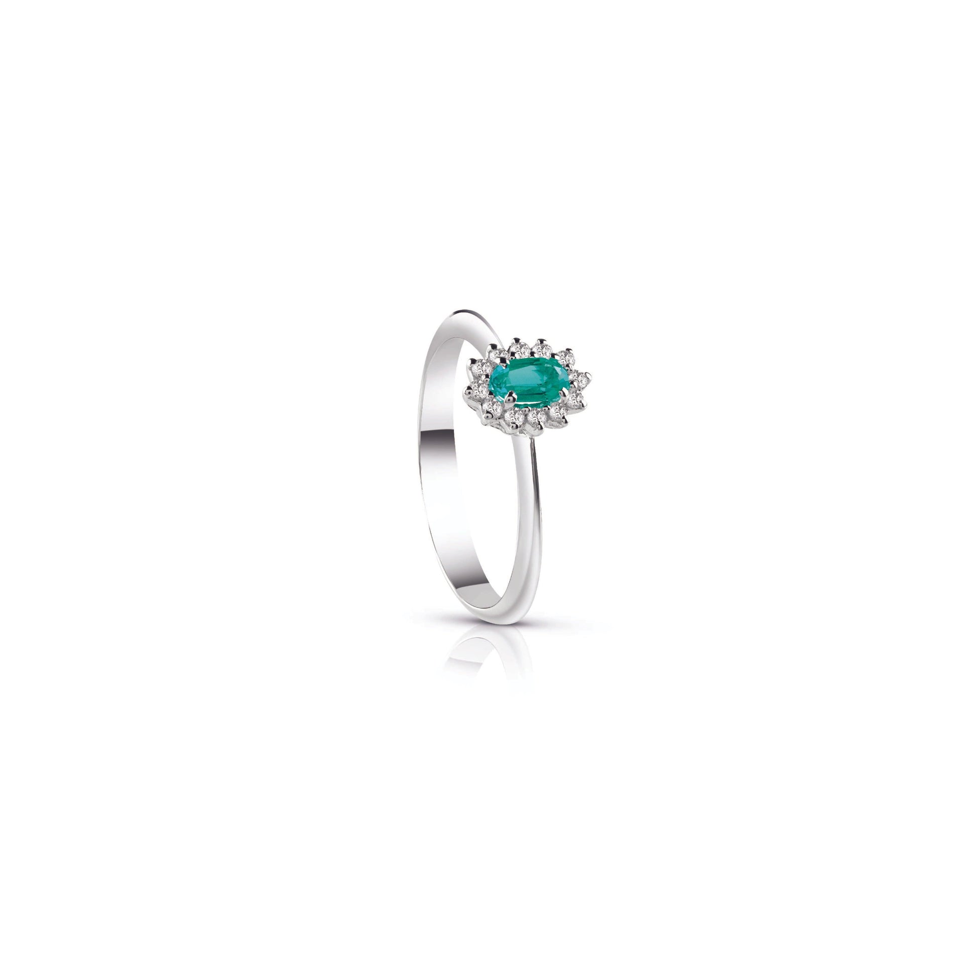 Anello con smeraldo centrale ovale e contorno di diamanti una griffe - Gioielleria Conte