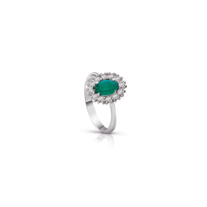 Anello con smeraldo centrale ovale e contorno di diamanti due griffe - Gioielleria Conte