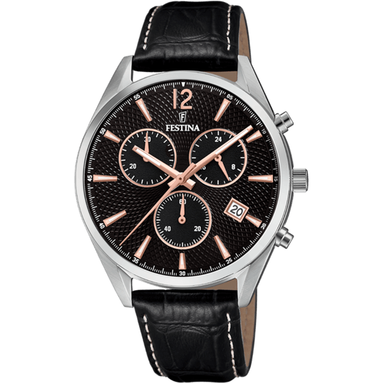 OROLOGIO FESTINA COLLEZIONE TIMELESS CRONOGRAFO COLORE NERO, CINTURINO IN PELLE - Gioielleria Conte